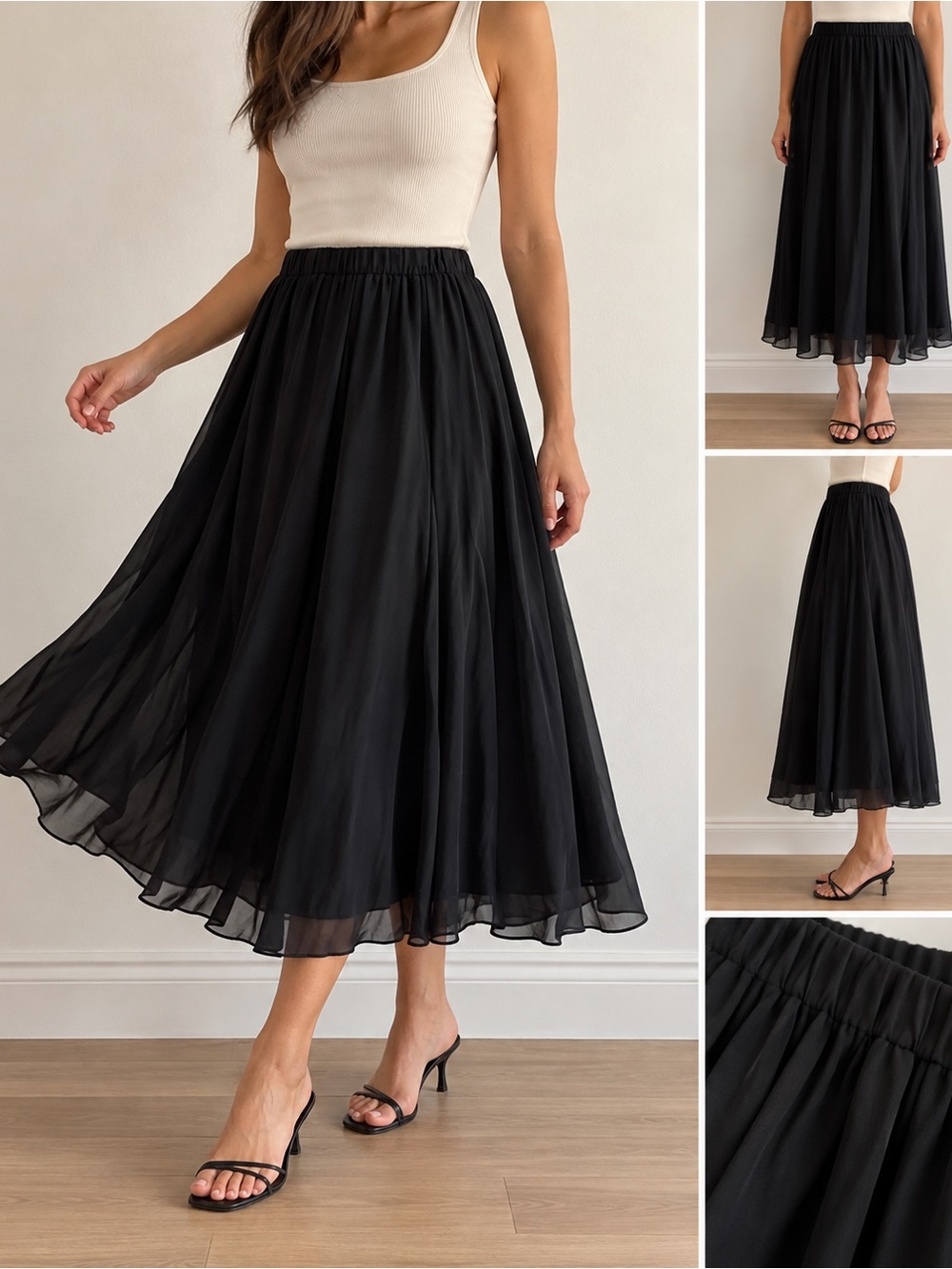Vince Camuto Black Chiffon Midi Skirt XS Flowy Lined Elastic Waist